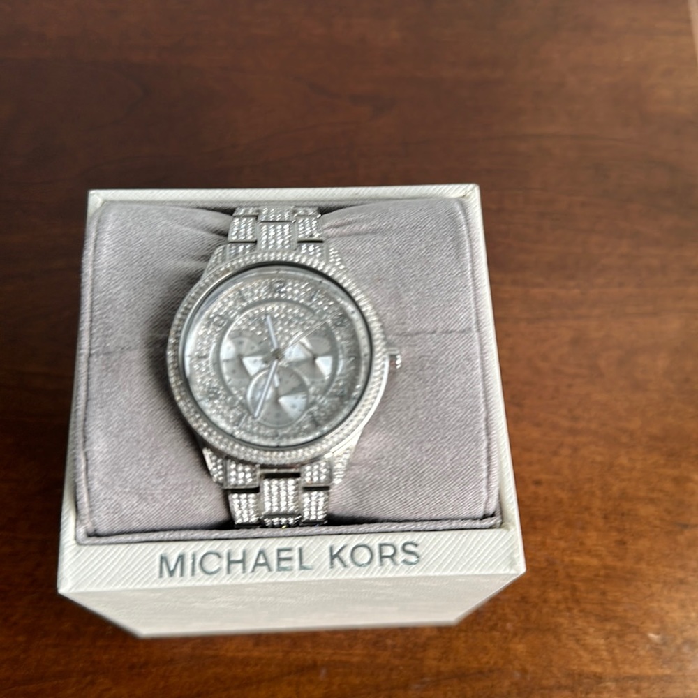 Michael Kors Silver Watch with Crystals on Dial and Watch Band